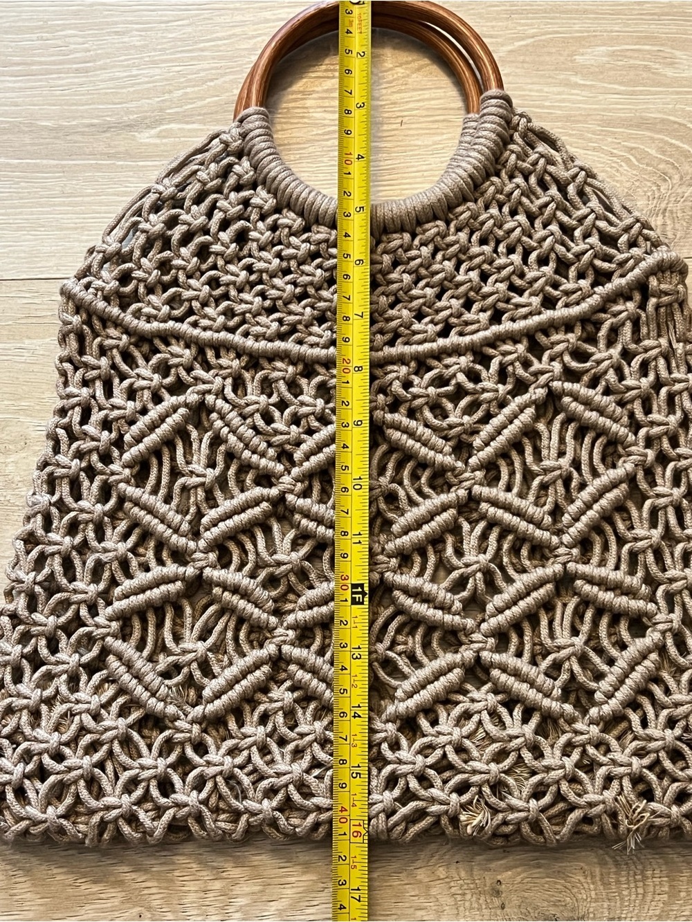 Handwoven Macramé Tote Bag with Wooden Handles - Taupe - Picture 7 of 7